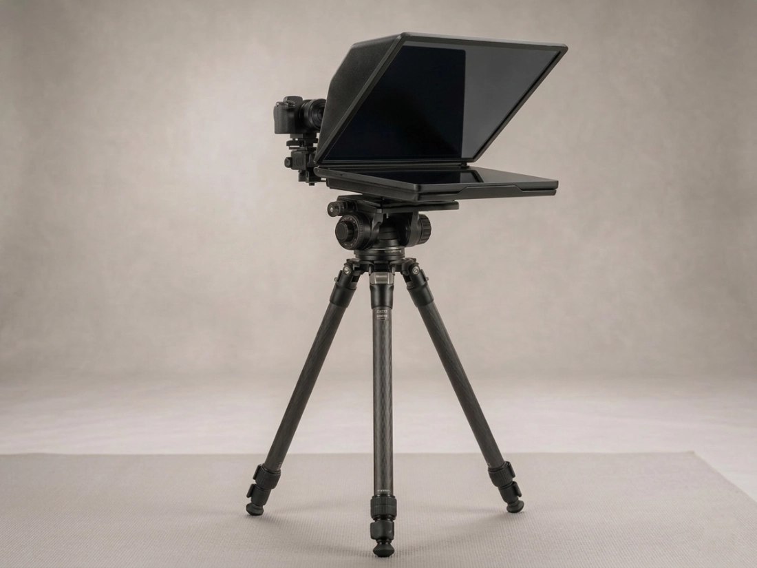 Lightweight teleprompter mounted on tripod with tablet display